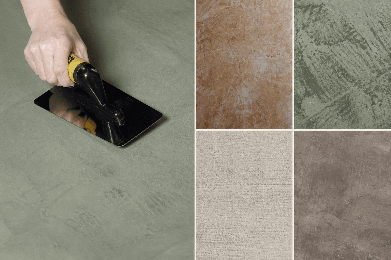 A hand burnishing a sage lime-plaster surface with a steel trowel, shown beside four finish swatches: terracotta, sage, pale cream, and warm brown.